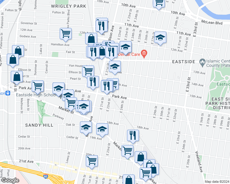 map of restaurants, bars, coffee shops, grocery stores, and more near 733 East 22nd Street in Paterson