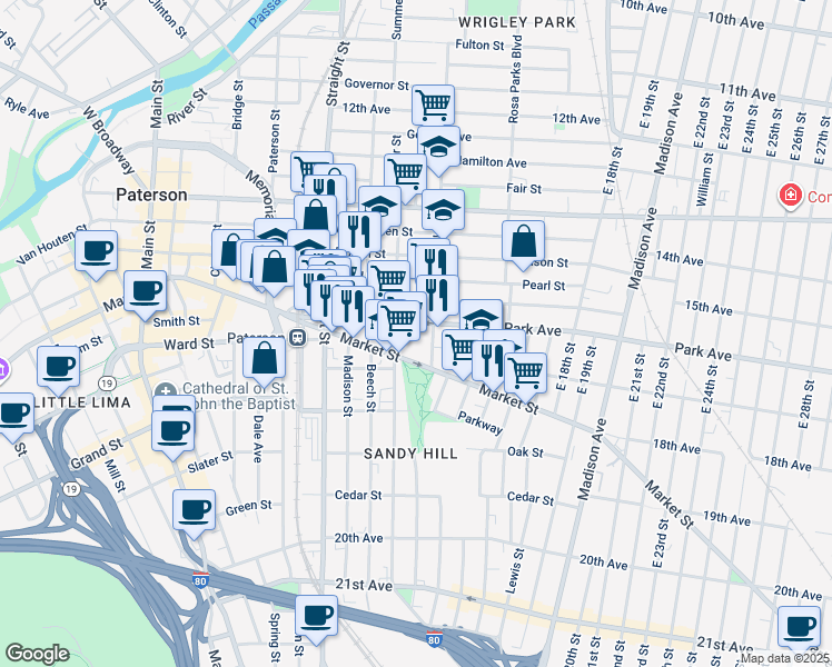 map of restaurants, bars, coffee shops, grocery stores, and more near 77 Park Avenue in Paterson