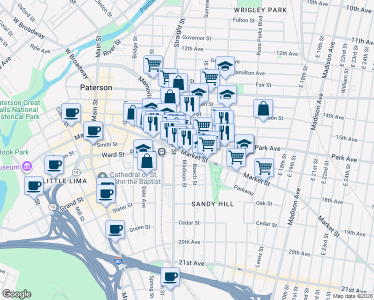 map of restaurants, bars, coffee shops, grocery stores, and more near 51/57 Park Avenue in Paterson
