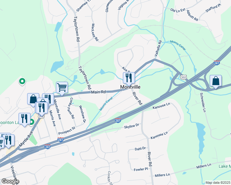 map of restaurants, bars, coffee shops, grocery stores, and more near 142 Main Road in Montville
