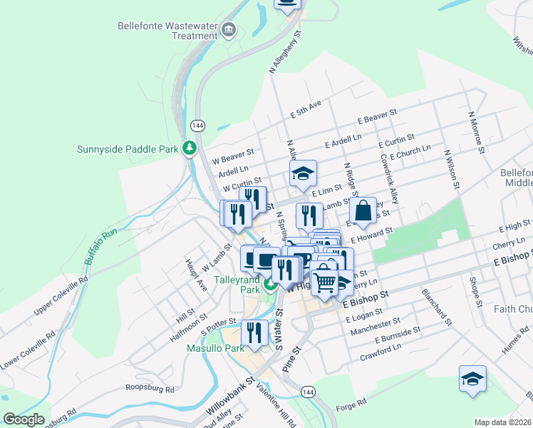 map of restaurants, bars, coffee shops, grocery stores, and more near 145 West Linn Street in Bellefonte
