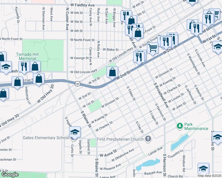 map of restaurants, bars, coffee shops, grocery stores, and more near 100-150 North Clay Street in Grand Island