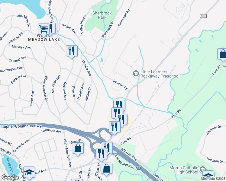 map of restaurants, bars, coffee shops, grocery stores, and more near 8 Sanders Road in Rockaway