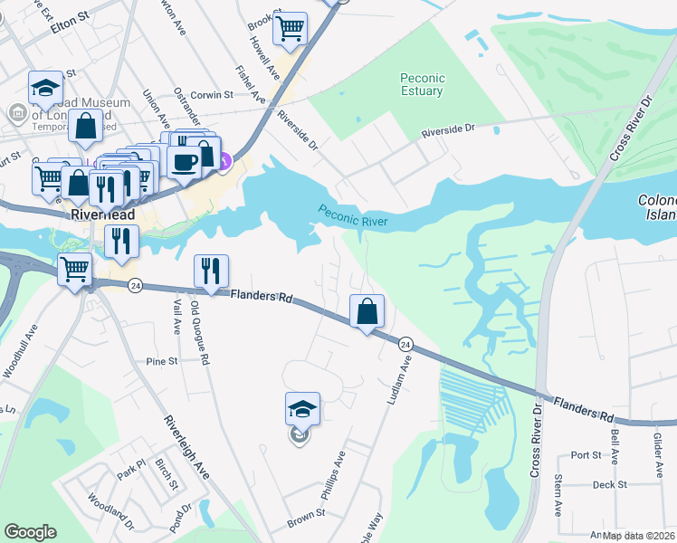map of restaurants, bars, coffee shops, grocery stores, and more near 330 Flanders Road in Riverhead