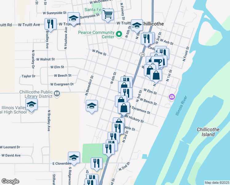 map of restaurants, bars, coffee shops, grocery stores, and more near 599 West Beech Street in Chillicothe