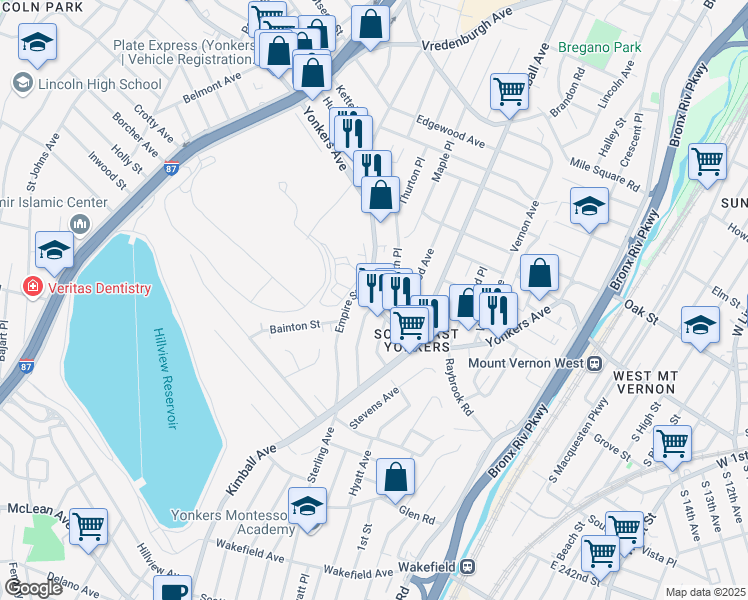 map of restaurants, bars, coffee shops, grocery stores, and more near Yonkers Avenue & Hildreth Place in Yonkers