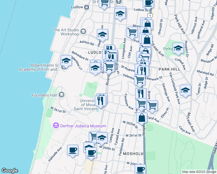 map of restaurants, bars, coffee shops, grocery stores, and more near in Yonkers