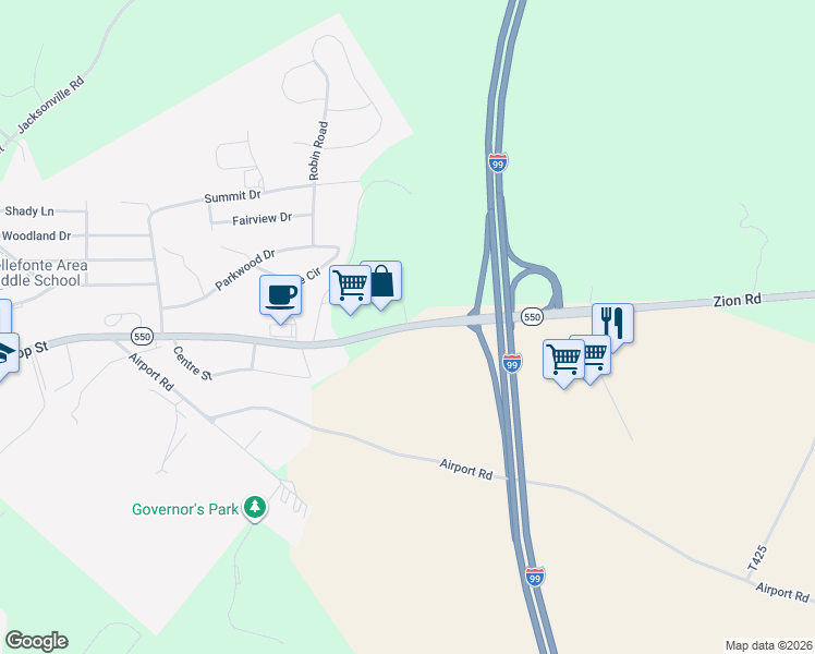map of restaurants, bars, coffee shops, grocery stores, and more near 1279 Zion Road in Bellefonte