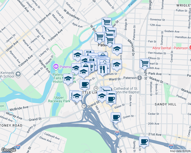 map of restaurants, bars, coffee shops, grocery stores, and more near 74 Cianci Street in Paterson