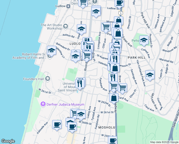 map of restaurants, bars, coffee shops, grocery stores, and more near 12 Valdale Avenue in Yonkers