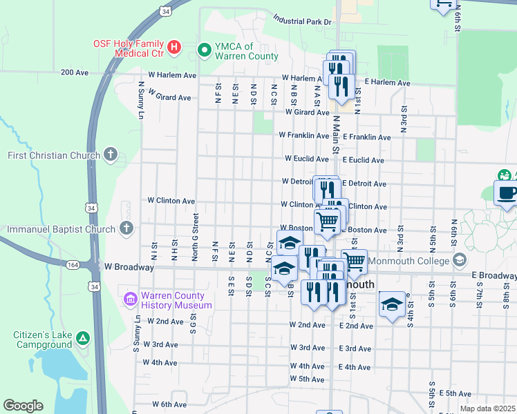 map of restaurants, bars, coffee shops, grocery stores, and more near 400-498 West Clinton Avenue in Monmouth