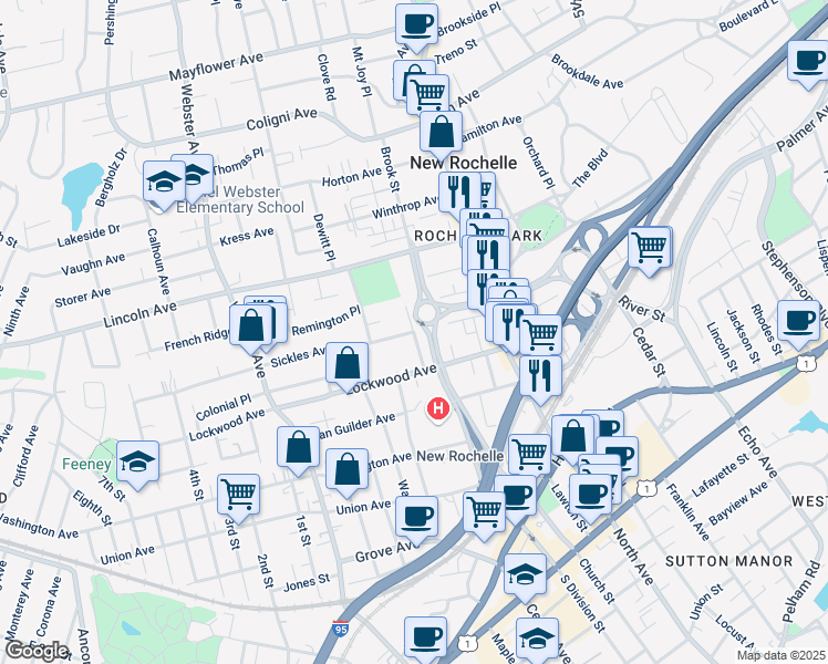 map of restaurants, bars, coffee shops, grocery stores, and more near 88 Guion Place in New Rochelle