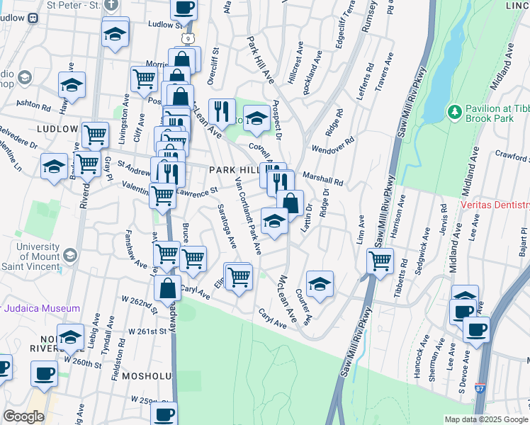 map of restaurants, bars, coffee shops, grocery stores, and more near 508 Van Cortlandt Park Avenue in Yonkers