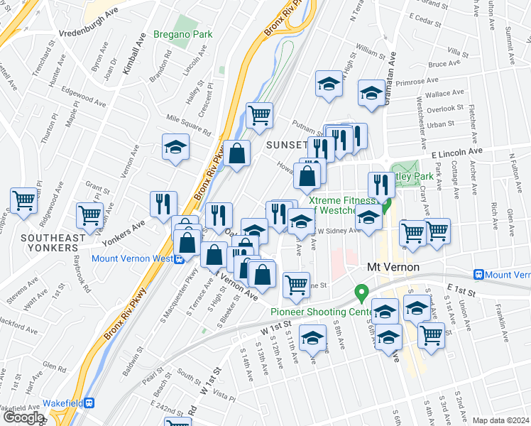 map of restaurants, bars, coffee shops, grocery stores, and more near 146 North High Street in Mount Vernon