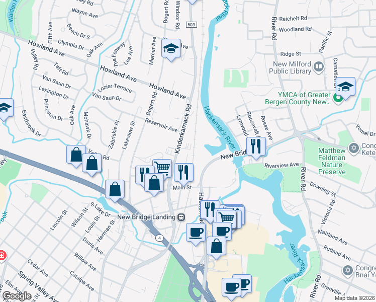 map of restaurants, bars, coffee shops, grocery stores, and more near 230 Kinderkamack Road in River Edge