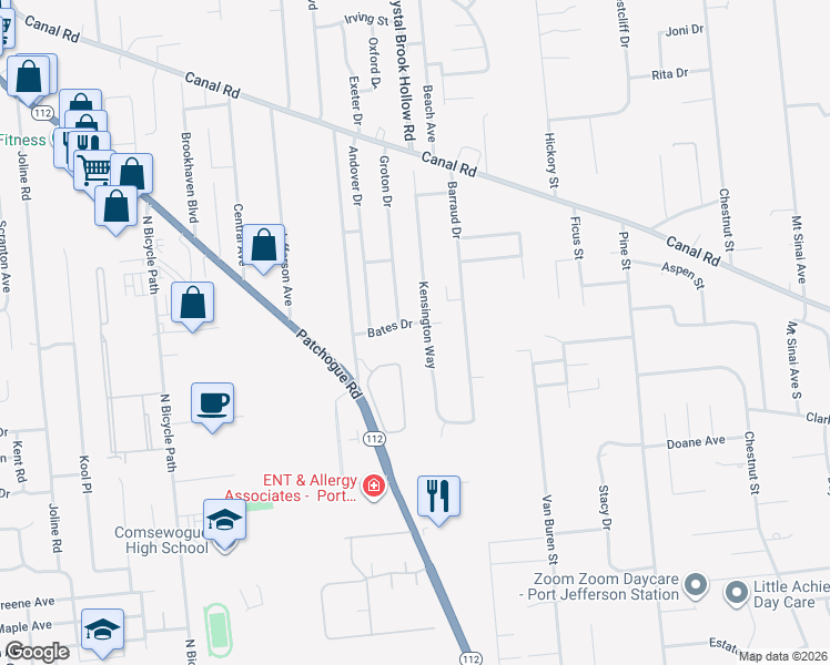 map of restaurants, bars, coffee shops, grocery stores, and more near 1 Groton Lane in Coram