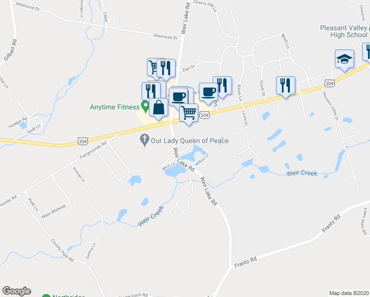 map of restaurants, bars, coffee shops, grocery stores, and more near 6209 Oak Lane in Brodheadsville