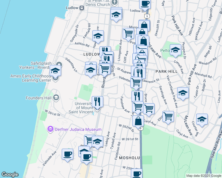 map of restaurants, bars, coffee shops, grocery stores, and more near 33 Valdale Avenue in Yonkers