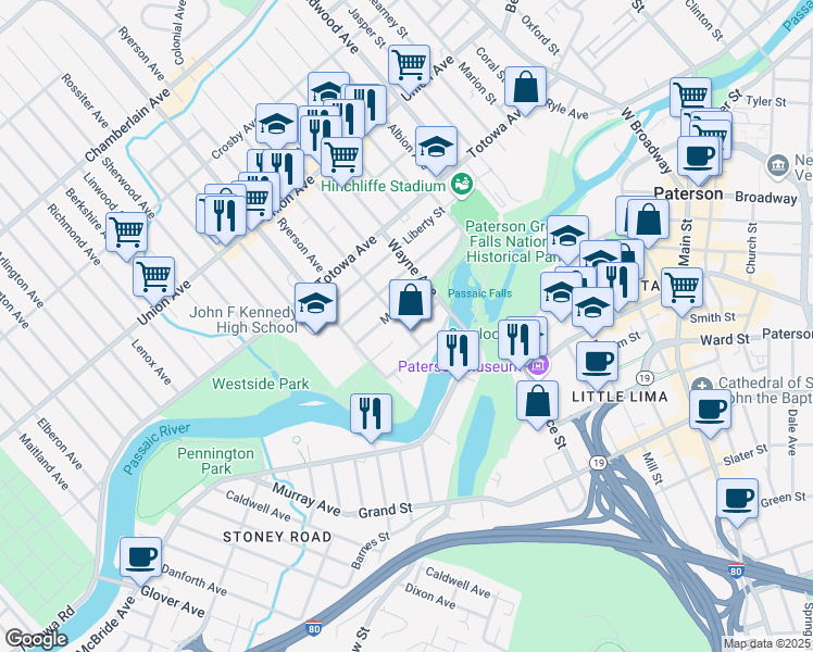 map of restaurants, bars, coffee shops, grocery stores, and more near 22 Paterson Avenue in Paterson