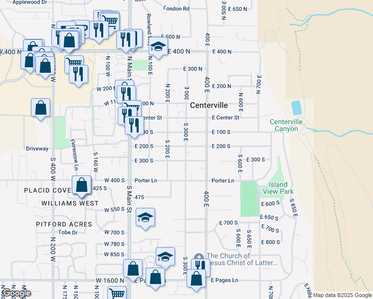 map of restaurants, bars, coffee shops, grocery stores, and more near 160 300 East in Centerville
