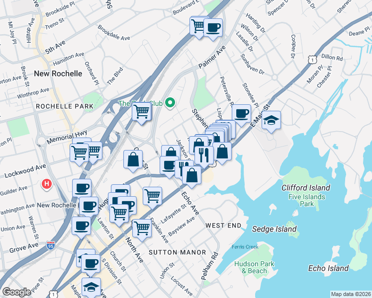 map of restaurants, bars, coffee shops, grocery stores, and more near 41 Rhodes Street in New Rochelle