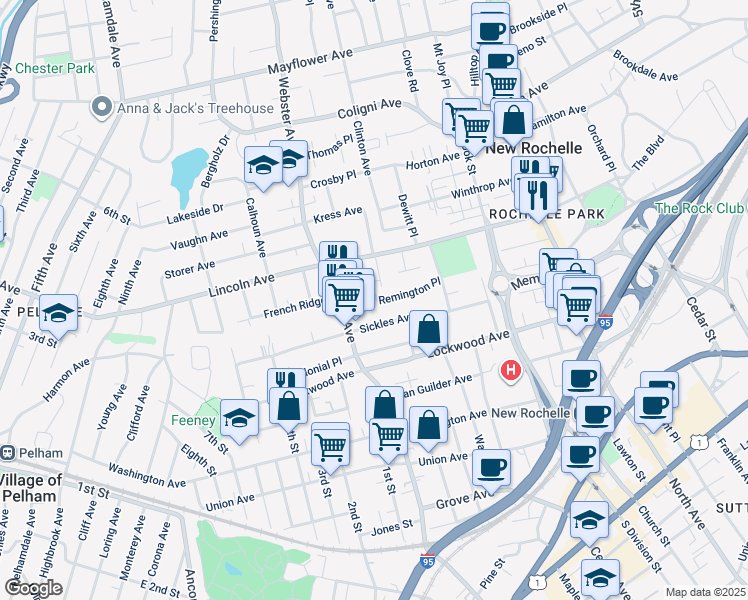 map of restaurants, bars, coffee shops, grocery stores, and more near 22 Winyah Terrace in New Rochelle