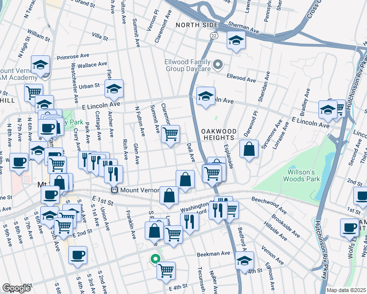 map of restaurants, bars, coffee shops, grocery stores, and more near 305 East Sidney Avenue in Mount Vernon