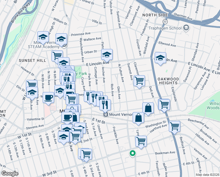 map of restaurants, bars, coffee shops, grocery stores, and more near 126 Rich Avenue in Mount Vernon