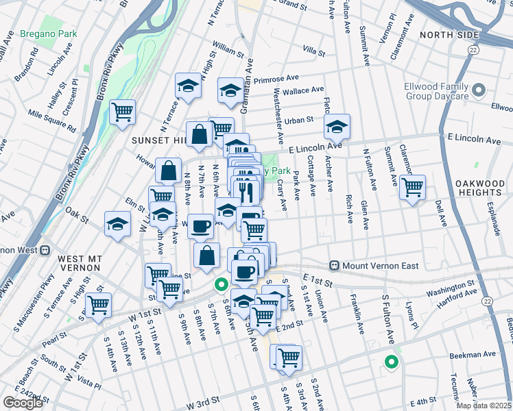 map of restaurants, bars, coffee shops, grocery stores, and more near 180 Gramatan Avenue in Mount Vernon