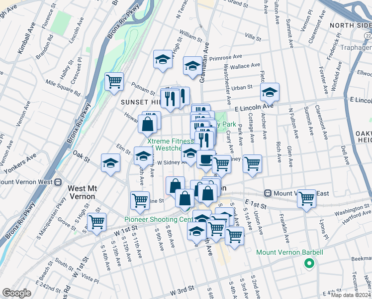 map of restaurants, bars, coffee shops, grocery stores, and more near 133 North 6th Avenue in Mount Vernon