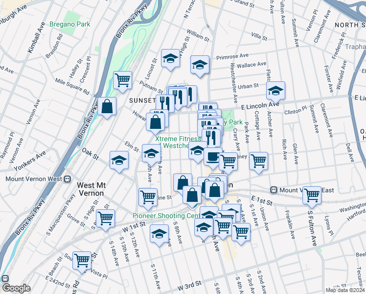 map of restaurants, bars, coffee shops, grocery stores, and more near 136 North 7th Avenue in Mount Vernon