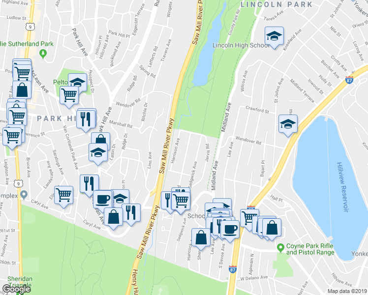 map of restaurants, bars, coffee shops, grocery stores, and more near 136 Harrison Avenue in Yonkers