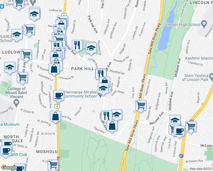map of restaurants, bars, coffee shops, grocery stores, and more near in Yonkers