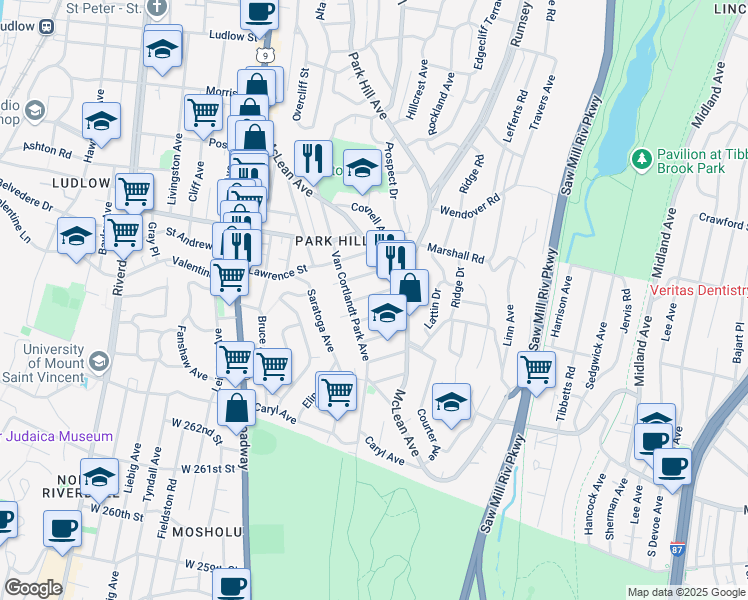 map of restaurants, bars, coffee shops, grocery stores, and more near 508 Van Cortlandt Park Avenue in Yonkers