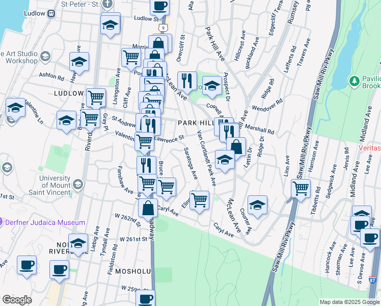 map of restaurants, bars, coffee shops, grocery stores, and more near 497 Van Cortlandt Park Avenue in Yonkers