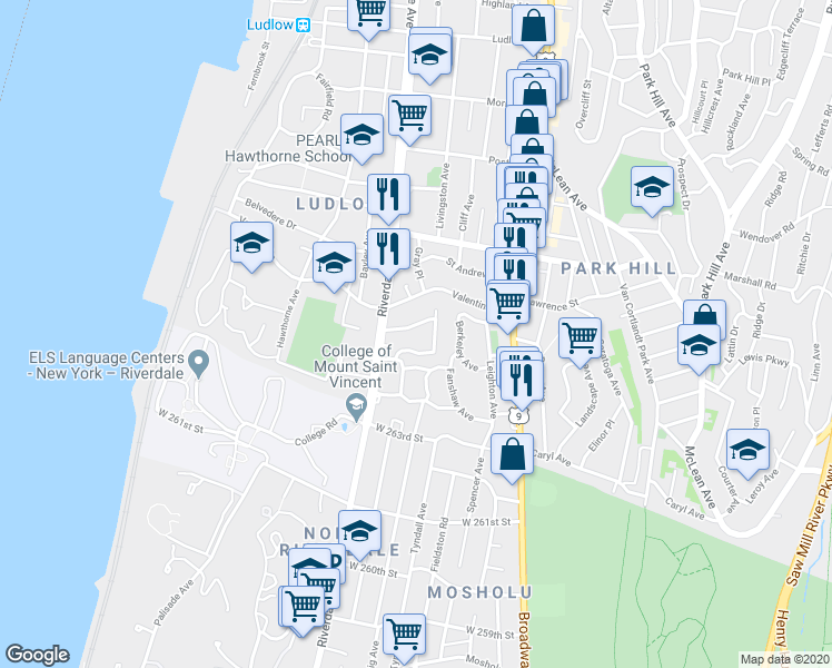 map of restaurants, bars, coffee shops, grocery stores, and more near 33 Valdale Avenue in Yonkers