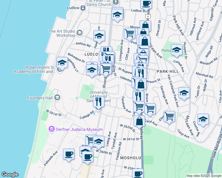 map of restaurants, bars, coffee shops, grocery stores, and more near 33 Valdale Avenue in Yonkers