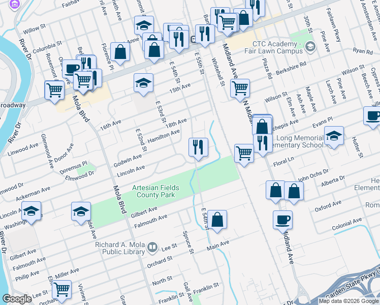 map of restaurants, bars, coffee shops, grocery stores, and more near 153 East 54th Street in Elmwood Park