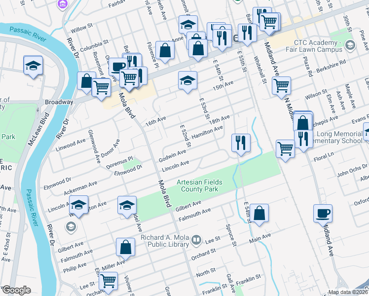 map of restaurants, bars, coffee shops, grocery stores, and more near 74 Hamilton Avenue in Elmwood Park