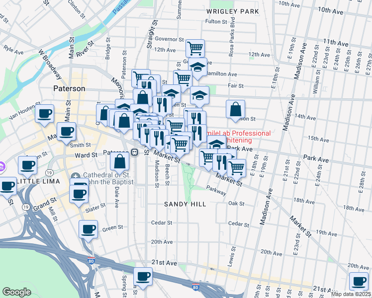 map of restaurants, bars, coffee shops, grocery stores, and more near in Paterson