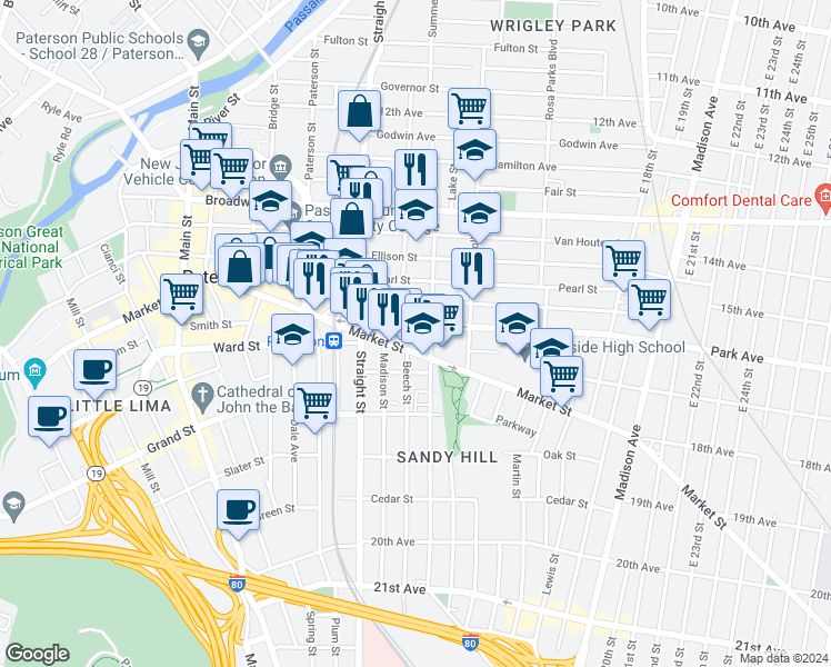 map of restaurants, bars, coffee shops, grocery stores, and more near 51/57 Park Avenue in Paterson