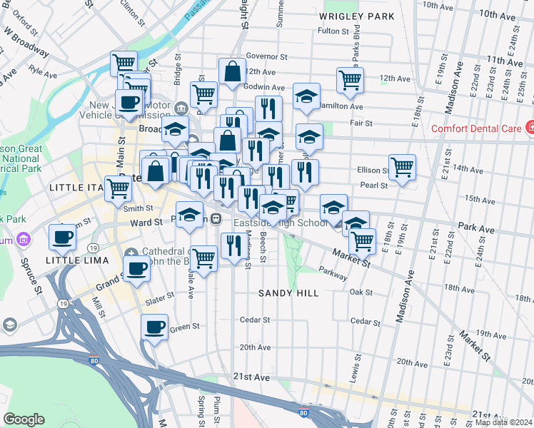 map of restaurants, bars, coffee shops, grocery stores, and more near 51/57 Park Avenue in Paterson