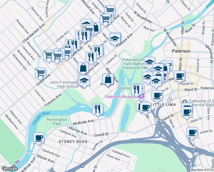 map of restaurants, bars, coffee shops, grocery stores, and more near 112 Maple Street in Paterson