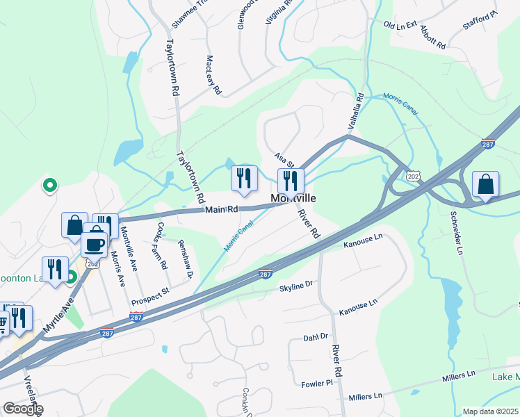 map of restaurants, bars, coffee shops, grocery stores, and more near 142 Main Road in Montville