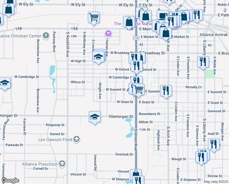 map of restaurants, bars, coffee shops, grocery stores, and more near 237 West Summit Street in Alliance