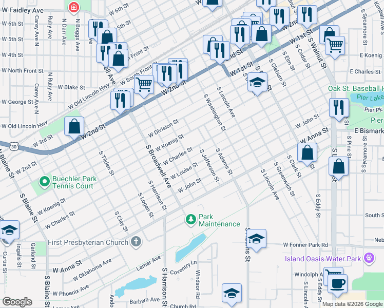 map of restaurants, bars, coffee shops, grocery stores, and more near 23 South Madison Street in Grand Island