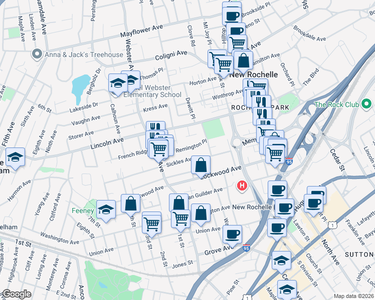 map of restaurants, bars, coffee shops, grocery stores, and more near 22 Winyah Terrace in New Rochelle