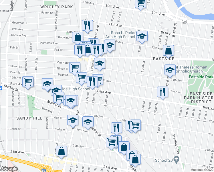 map of restaurants, bars, coffee shops, grocery stores, and more near 740 East 24th Street in Paterson
