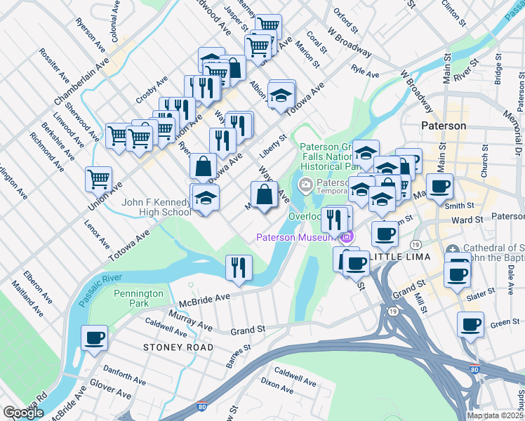 map of restaurants, bars, coffee shops, grocery stores, and more near 22 Paterson Avenue in Paterson