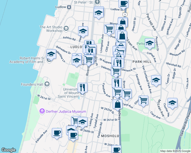 map of restaurants, bars, coffee shops, grocery stores, and more near 33 Valdale Avenue in Yonkers